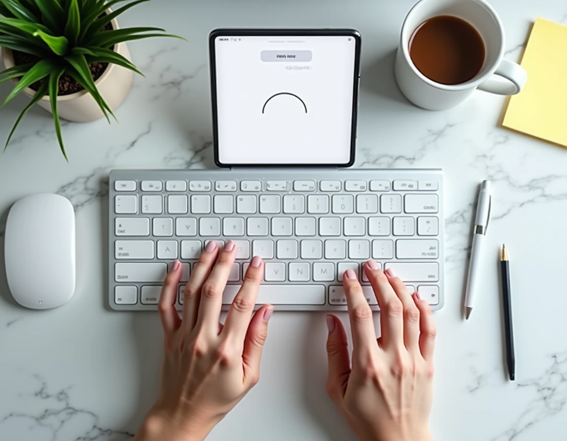 Vue de dessus d'une paire de mains copiant un espace invisible sur un smartphone et un clavier sans fil posés sur un bureau en marbre
